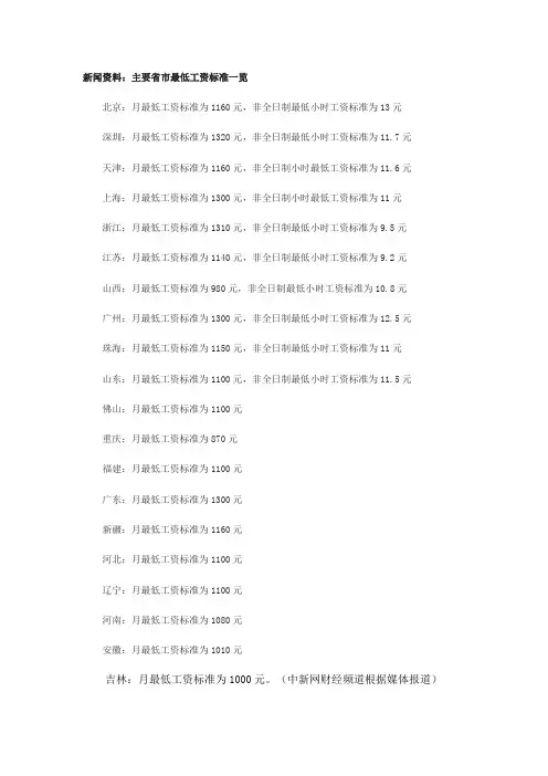 2011年各主要省市最低工资一览表