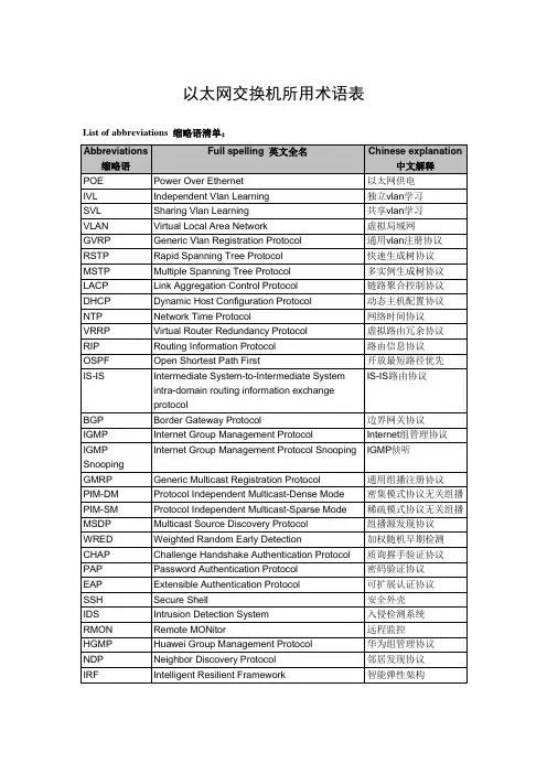 以太网交换机术语表