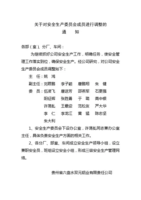 关于对安全生产委员会成员进行调整的通知(2010)