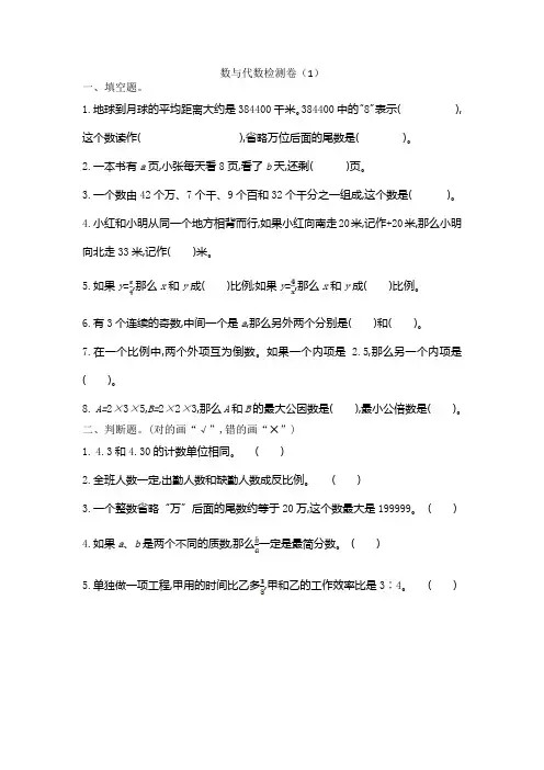 新人教版六年级数学下册数与代数检测卷(1)含答案