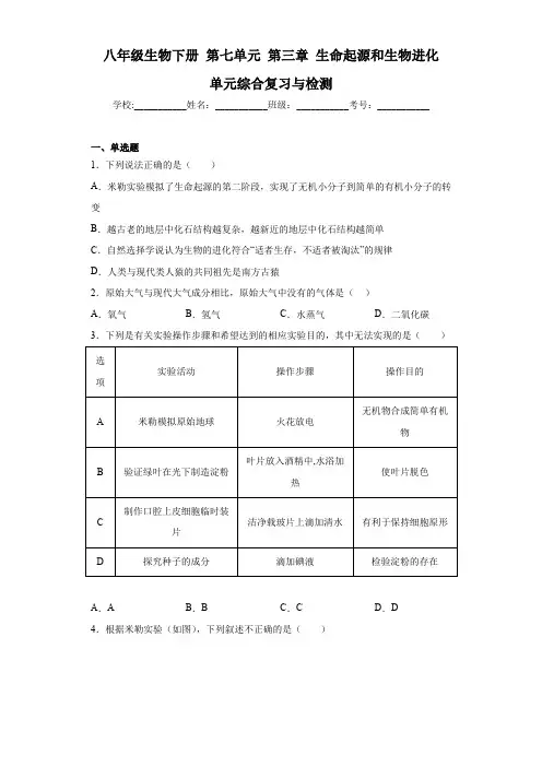第七单元第三章 生命起源和生物进化 单元检测 人教版生物八年级下册