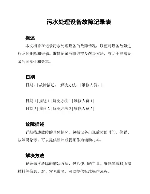 污水处理设备故障记录表