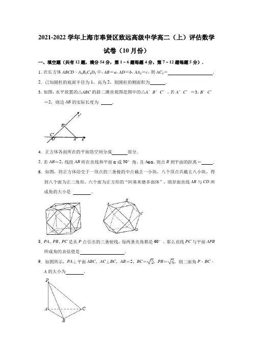 2021-2022学年上海市奉贤区致远高级中学高二(上)评估数学试卷(10月份)(解析版)