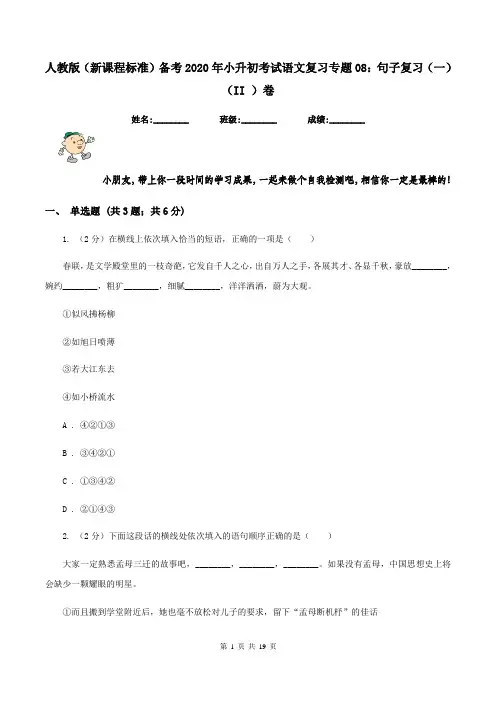 人教版(新课程标准)备考2020年小升初考试语文复习专题08：句子复习(一)(II )卷