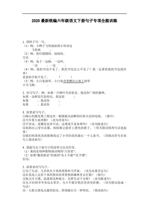 2020最新统编六年级语文下册句子专项全能训练-含答案