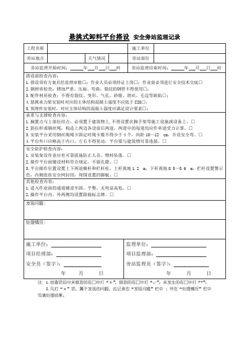 悬挑式卸料平台搭设安全旁站监理记录