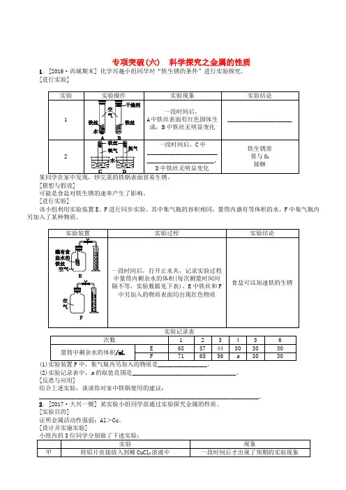 北京市2018年中考化学基础复习专项突破六科学探究之金属的性质练习(有答案)