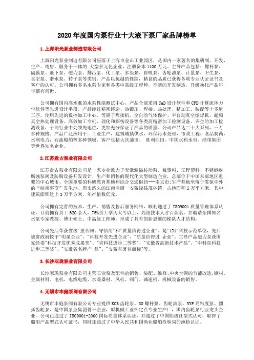 2020年度国内泵行业十大液下泵厂家品牌榜单1