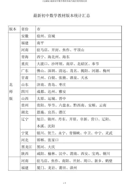 (完整版)最新初中数学教材各版本地区使用情况表