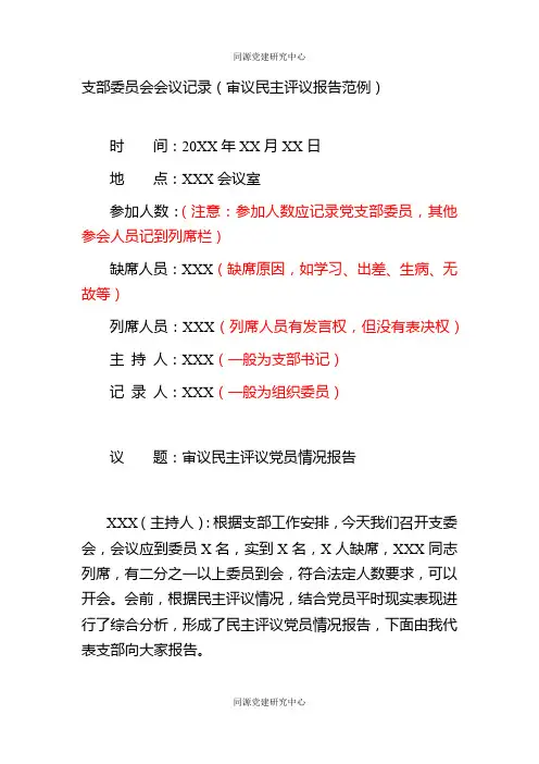 支部委员会会议记录（审议民主评议报告范例）