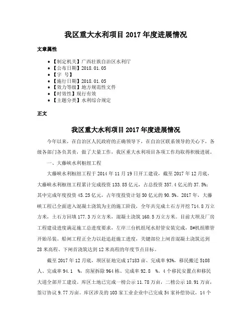 我区重大水利项目2017年度进展情况