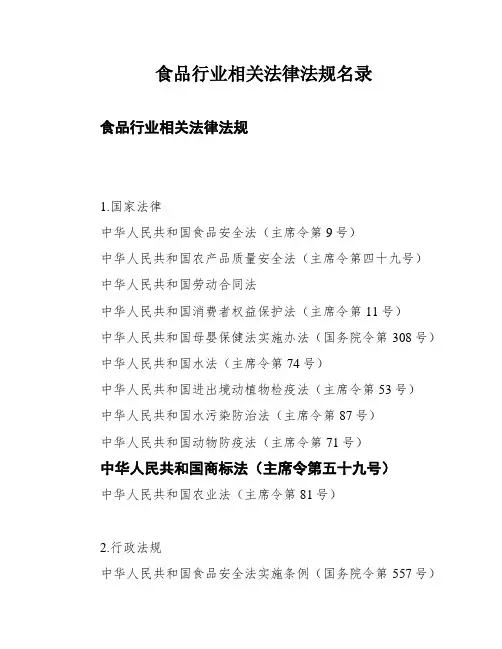 食品行业相关法律法规名录
