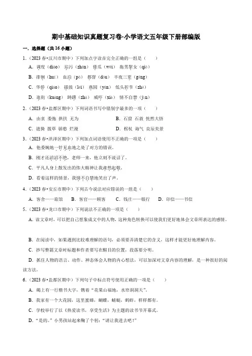 期中基础知识真题复习卷-2022-2023学年语文五年级下册(部编版)