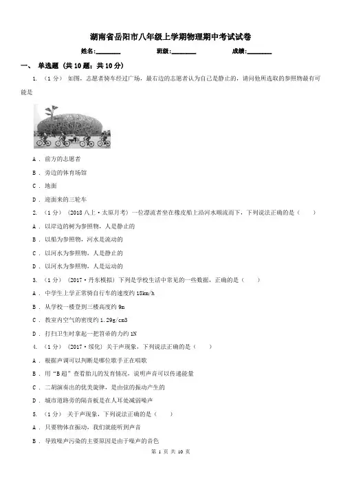 湖南省岳阳市八年级上学期物理期中考试试卷