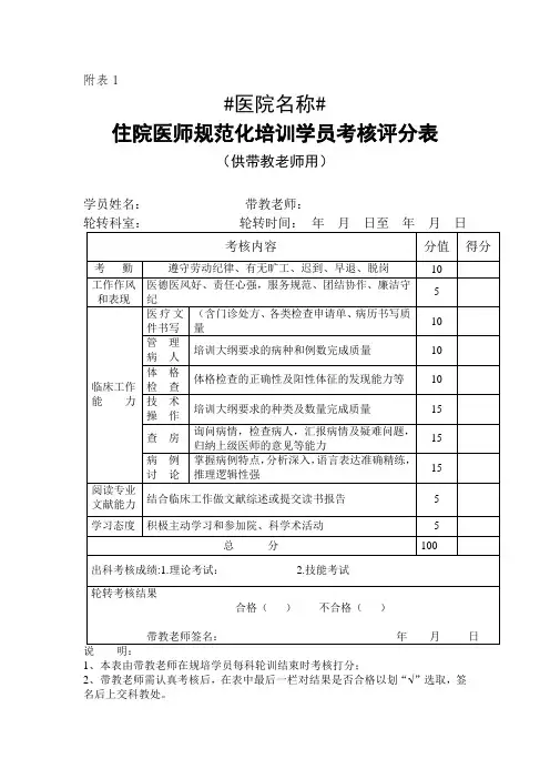 规培学员考核表(带教老师用)