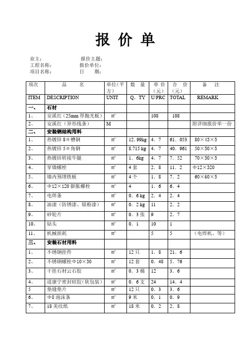 外墙石材干挂报价明细表
