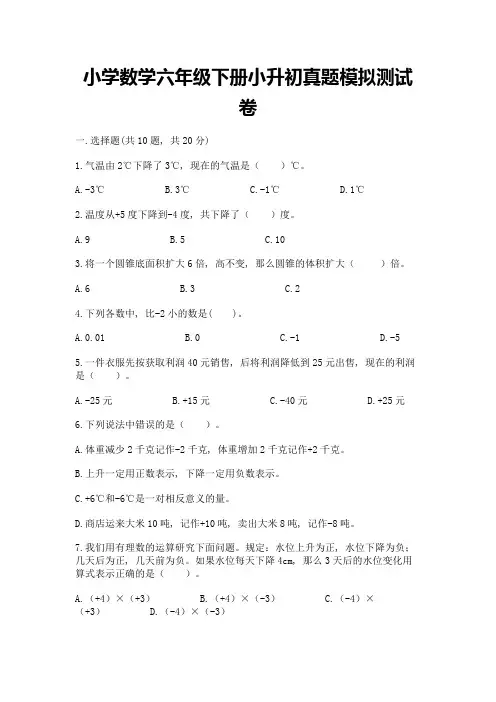 小学数学六年级下册小升初真题模拟测试卷及参考答案(实用)