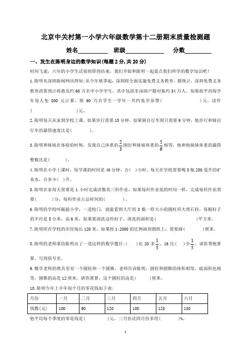 北京中关村第一小学人教新课标数学六年级下学期期末测试卷13