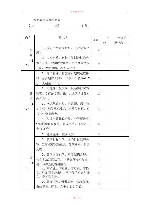 教师教学常规检查表