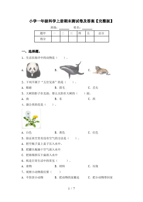 小学一年级科学上册期末测试卷及答案【完整版】