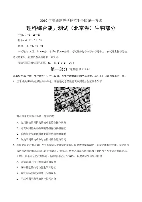 2019年北京理综生物高考试题(word版含答案).doc