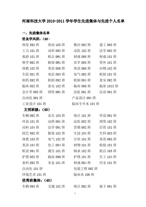 河南科技大学2010-2011学年学生先进集体与先进个人名单