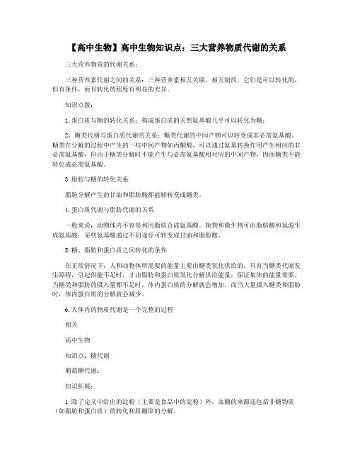 【高中生物】高中生物知识点：三大营养物质代谢的关系