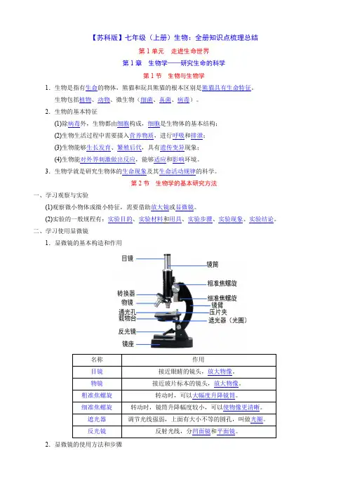 【苏科】七上生物知识点梳理总结