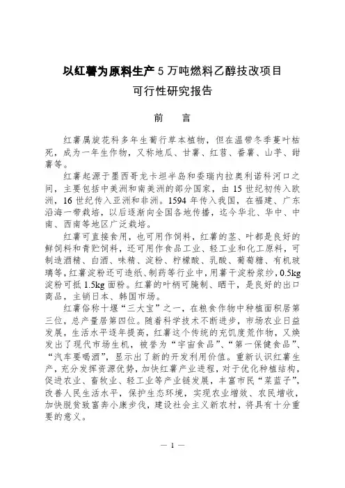 以红薯为原料生产5万吨燃料乙醇技改项目可行性策划书