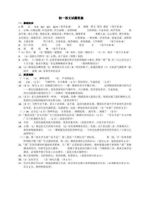 2014-2015学年度下学期初一语文期末试题参考答案
