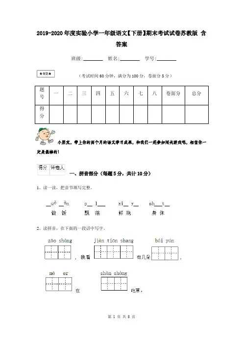 2019-2020年度实验小学一年级语文【下册】期末考试试卷苏教版 含答案