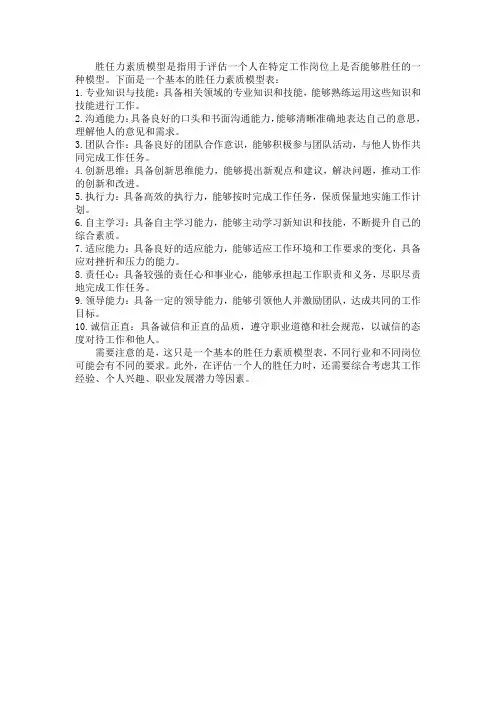 胜任力素质模型表