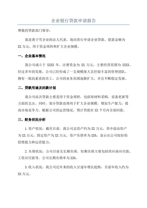 企业银行贷款申请报告