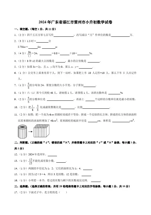 2024年广东省湛江市雷州市小升初数学试卷(含答案)