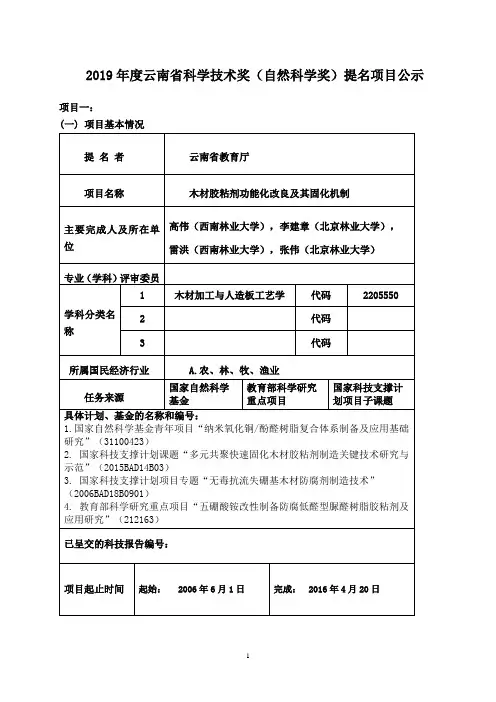 2019年度云南省科学技术奖(自然科学奖)提名项目公示