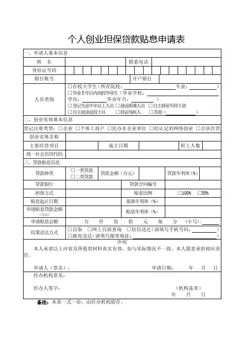 个人创业担保贷款贴息申请表