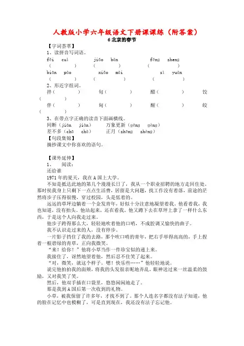 人教版小学六年级语文下册课课练《北京的春节》(附答案)