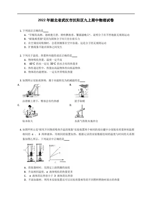 2022年湖北省武汉市汉阳区九年级上学期期中物理试卷(含答案)
