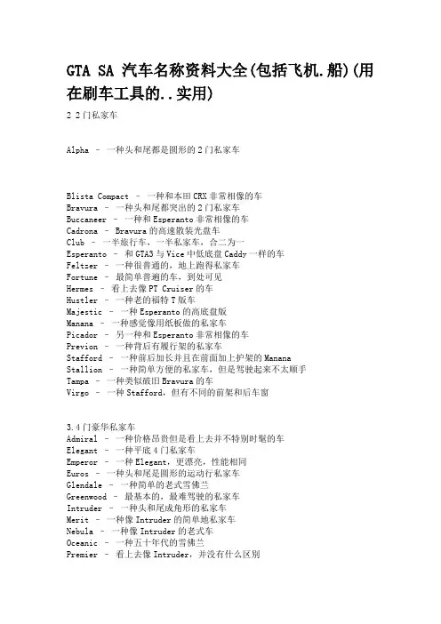 GTA SA汽车名称资料大全