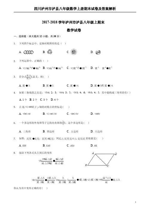 四川泸州市泸县八年级数学上册期末试卷及答案解析