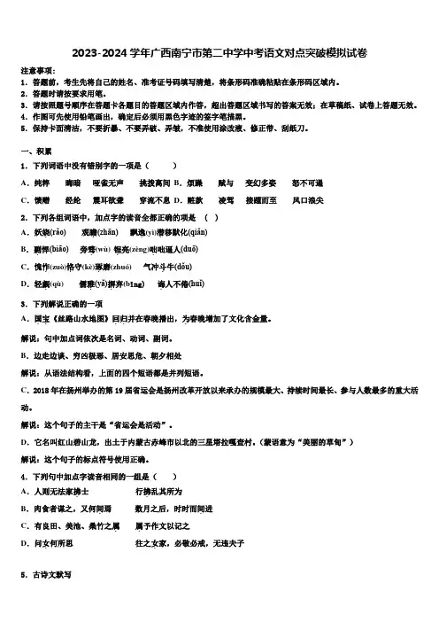 2023-2024学年广西南宁市第二中学中考语文对点突破模拟试卷含解析