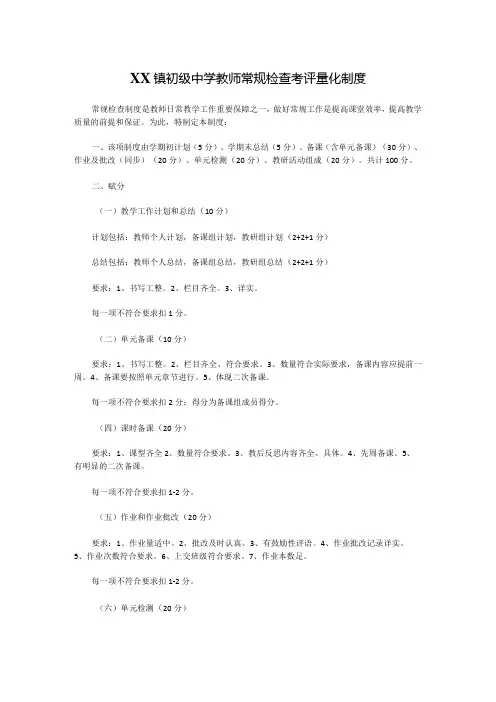 XX镇初级中学教师常规检查考评量化制度