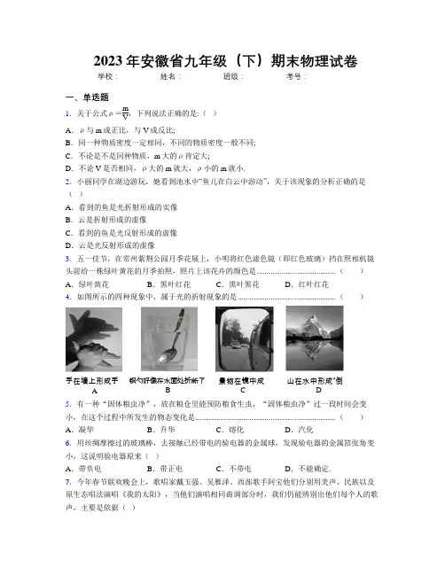 最新2023年安徽省九年级(下)期末物理试卷及解析