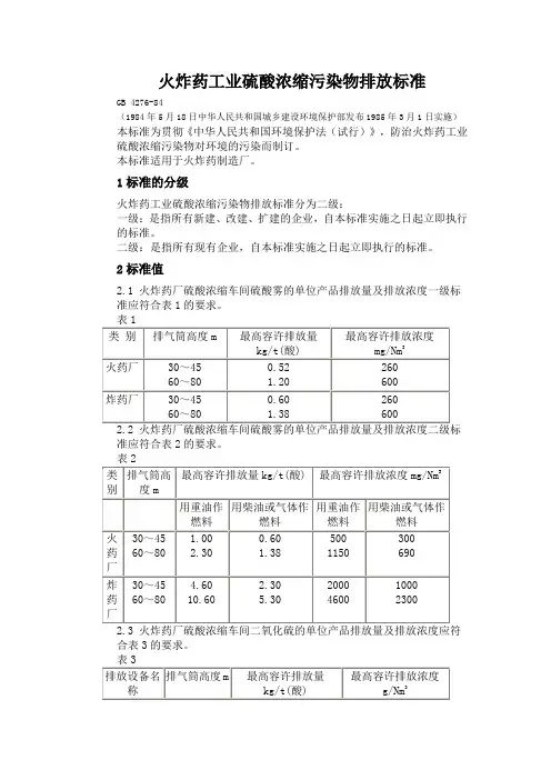 火炸药工业硫酸浓缩污染物排放标准