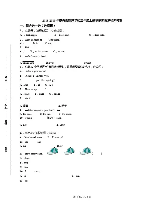 2018-2019年嘉兴市蓝翔学校三年级上册英语期末测验无答案