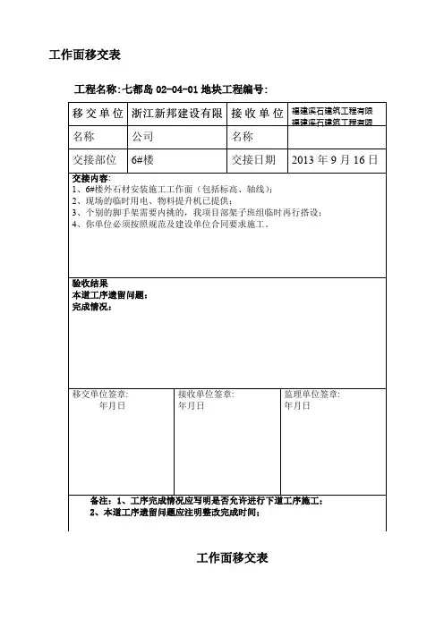 工作面移交表