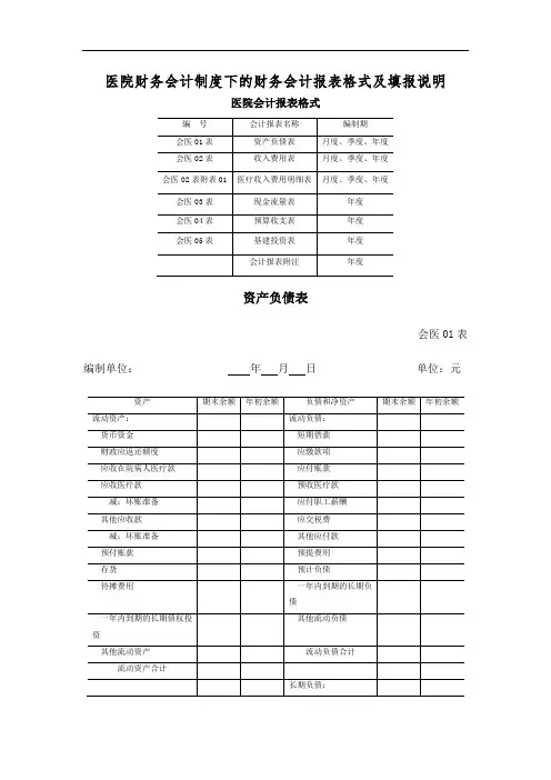 医院财务会计制度下的财务会计报表格式及填报说明