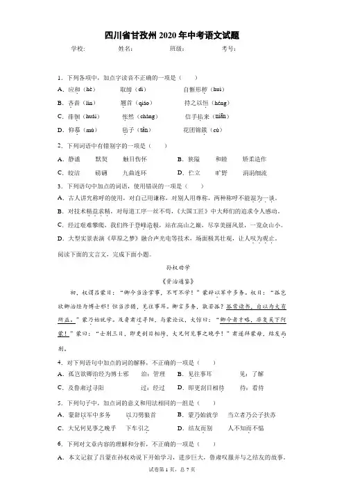 四川省甘孜州2020年中考语文试题