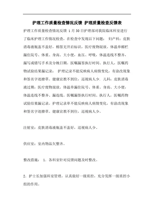 护理工作质量检查情况反馈 护理质量检查反馈表