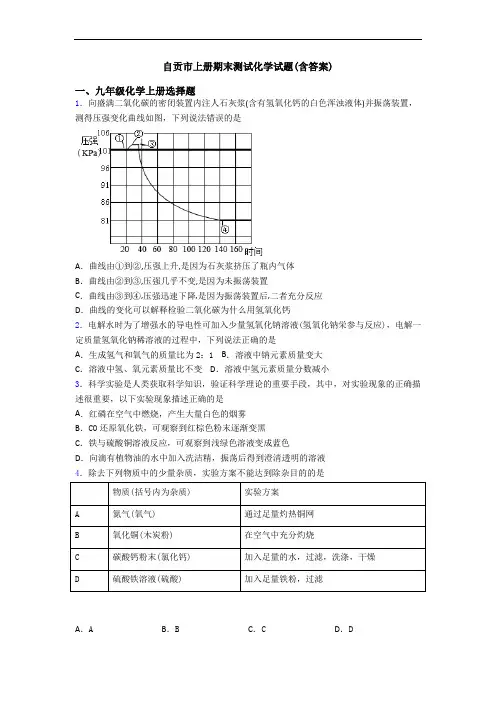 自贡市初三化学上册期末测试化学试题(含答案)